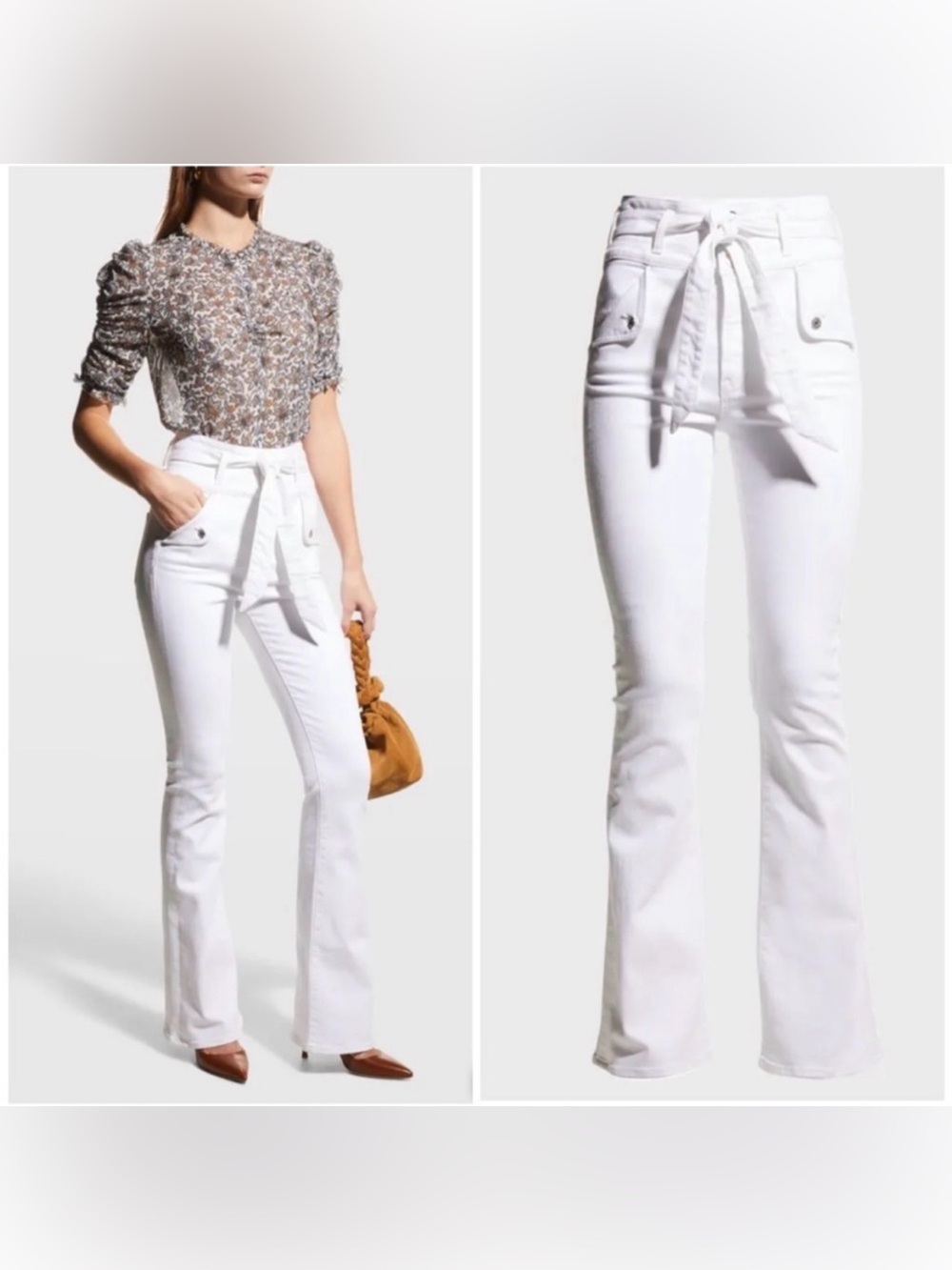 Veronica Beard Giselle High-Rise White Flare Tie-Waist Jeans